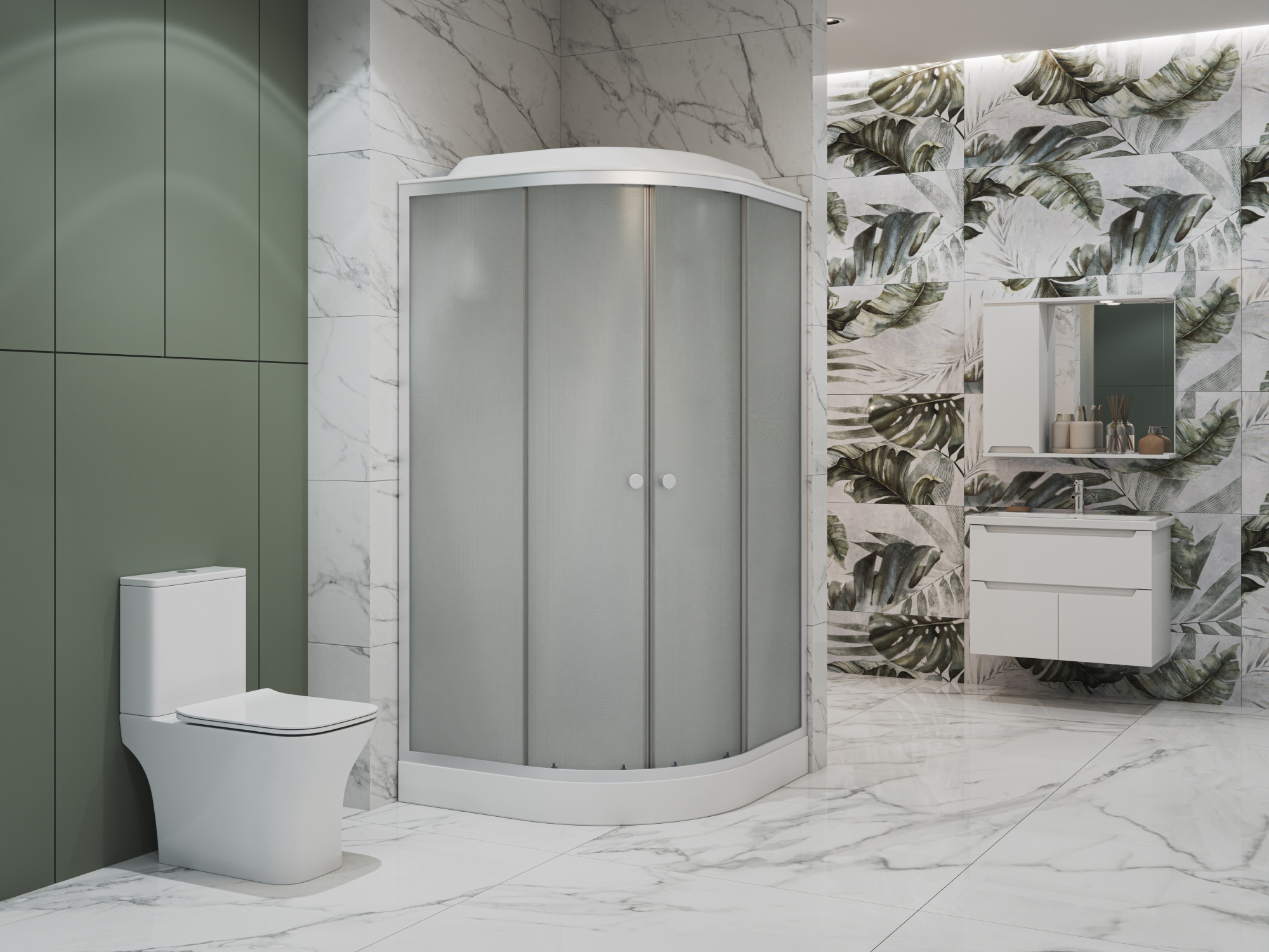 ДК EvaGold полукруг F901WS (90*90, низ.под., рифл. стек., белая стен., хром матовый проф. 3к.)