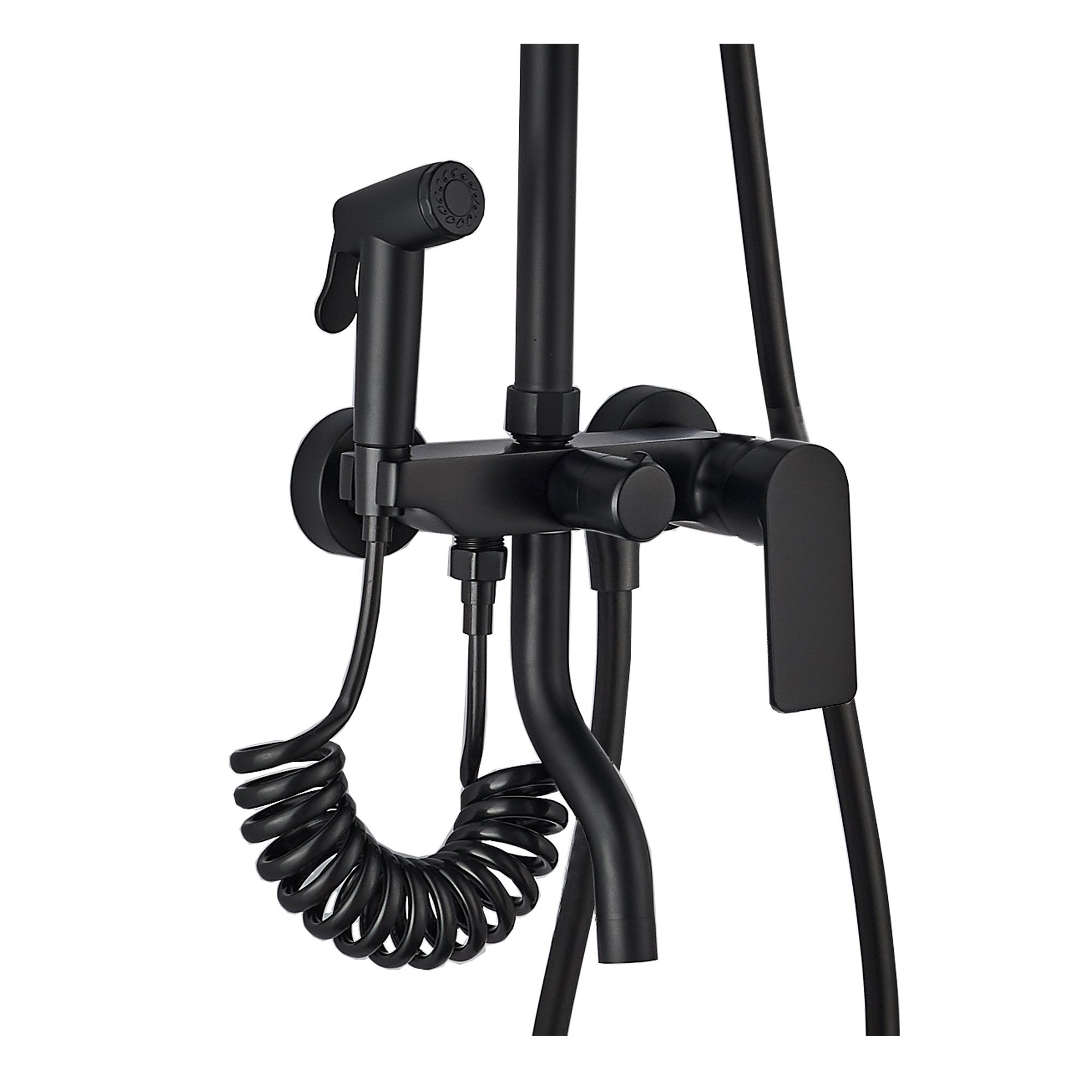 Mau FS08B-PVD Душевая стойка (150 см) со смесителем, полкой и гигиеническим душем, латунь, черный EvaGold