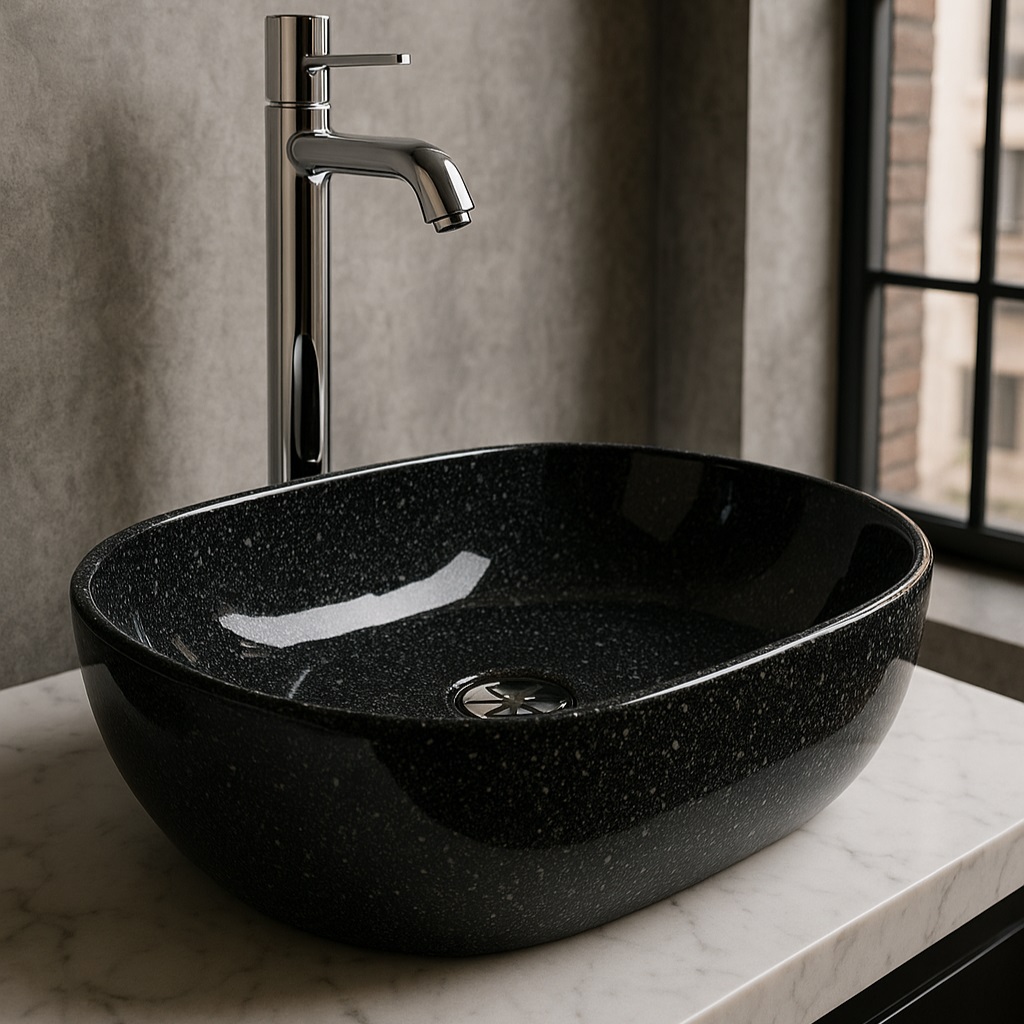 Умывальник накладной A257A-CV09 мрамор черный овальный без перелива (485*350*140 мм)