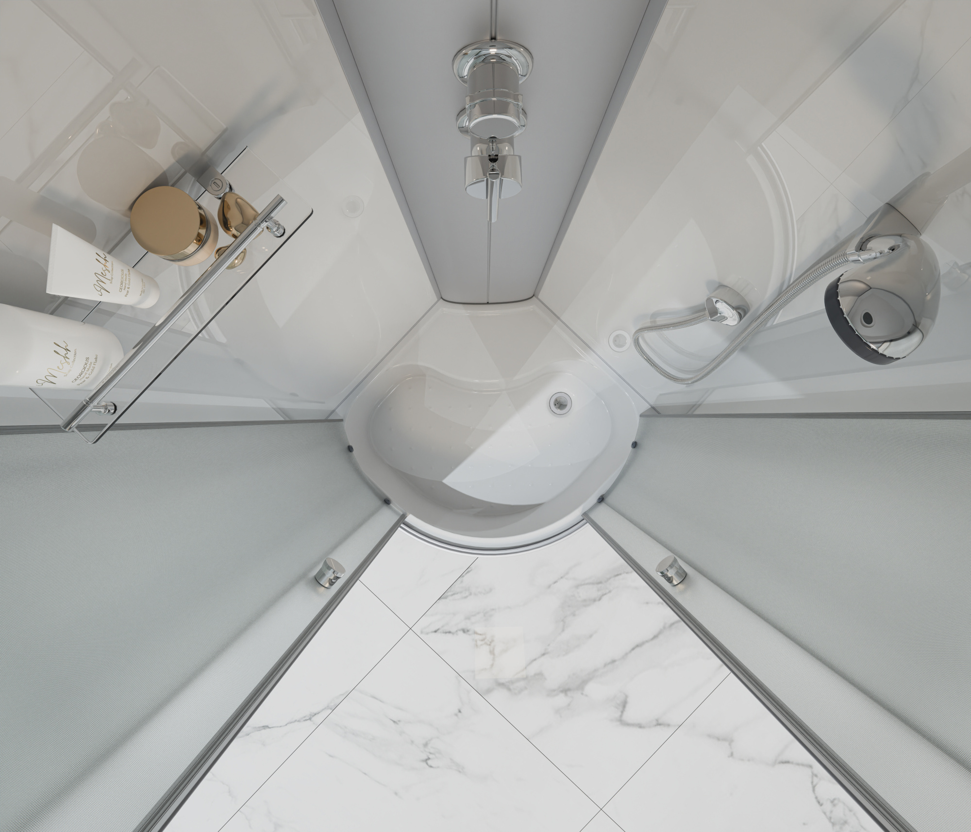 ДК EvaGold полукруг F902WS (90*90, высок.под., рифл. стек., белая стен.,хром матовый проф. 3к)