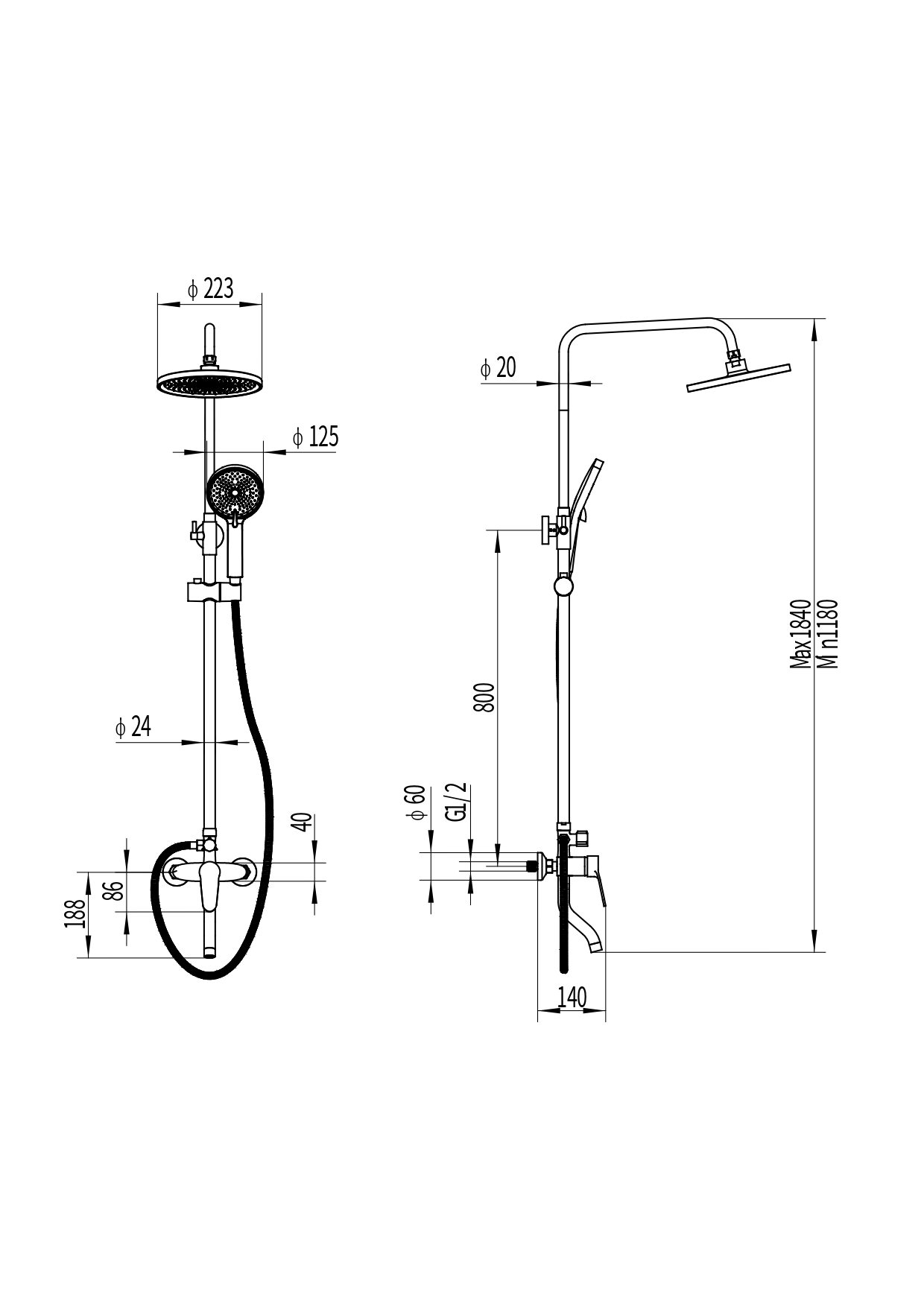 Queens FS09B-PVD Душевая стойка (150 см) со смесителем, полкой, латунь, черный EvaGold