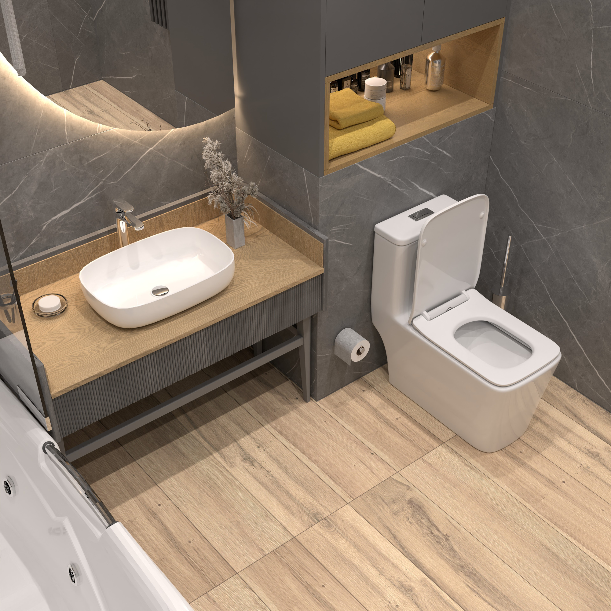 Унитаз-моноблок SM9616 безободковый, сиденье тонкое ДП, арматура (с гофрой и подводкой)