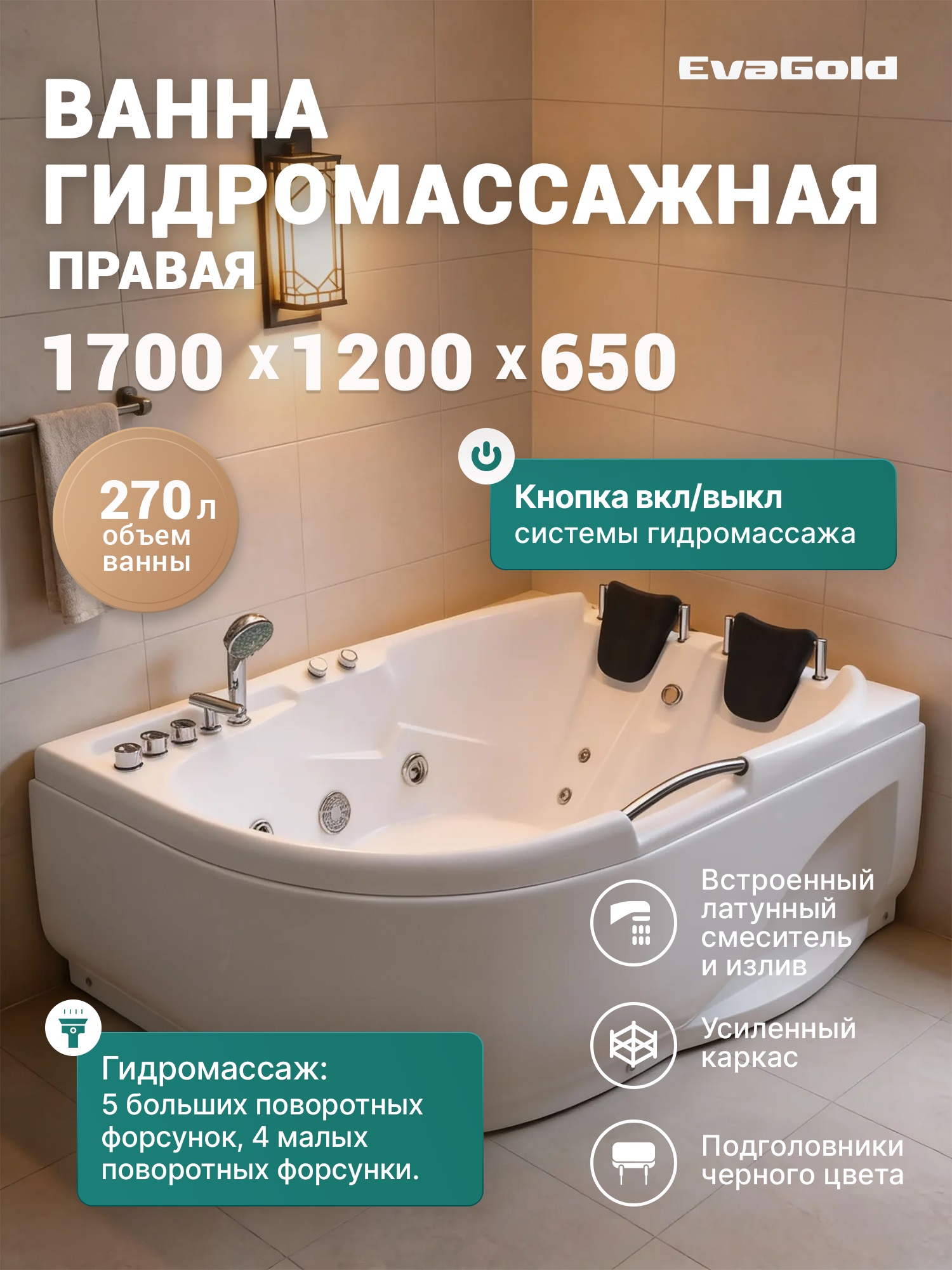 Ванна ГМ 1200*1700*650 с насосом OLB-807 R с переливом