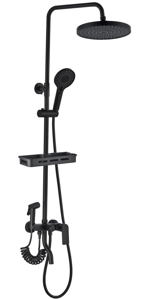 Mau FS08B-PVD Душевая стойка (150 см) со смесителем, полкой и гигиеническим душем, латунь, черный EvaGold