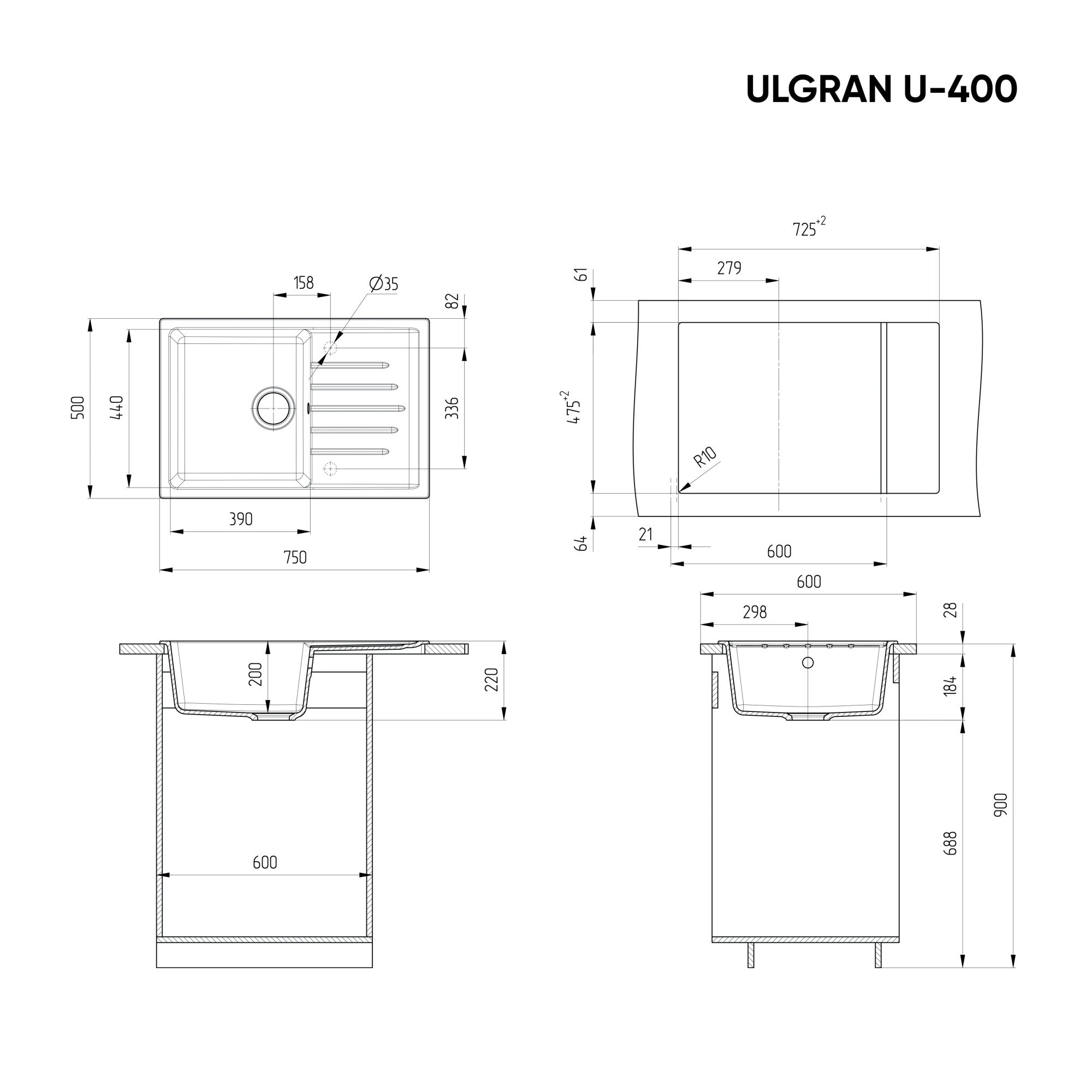 Мойка композит.Ulgran U-400 ПРЯМОУГОЛЬНАЯ 309 темно-серый 750*500*220 с сифоном