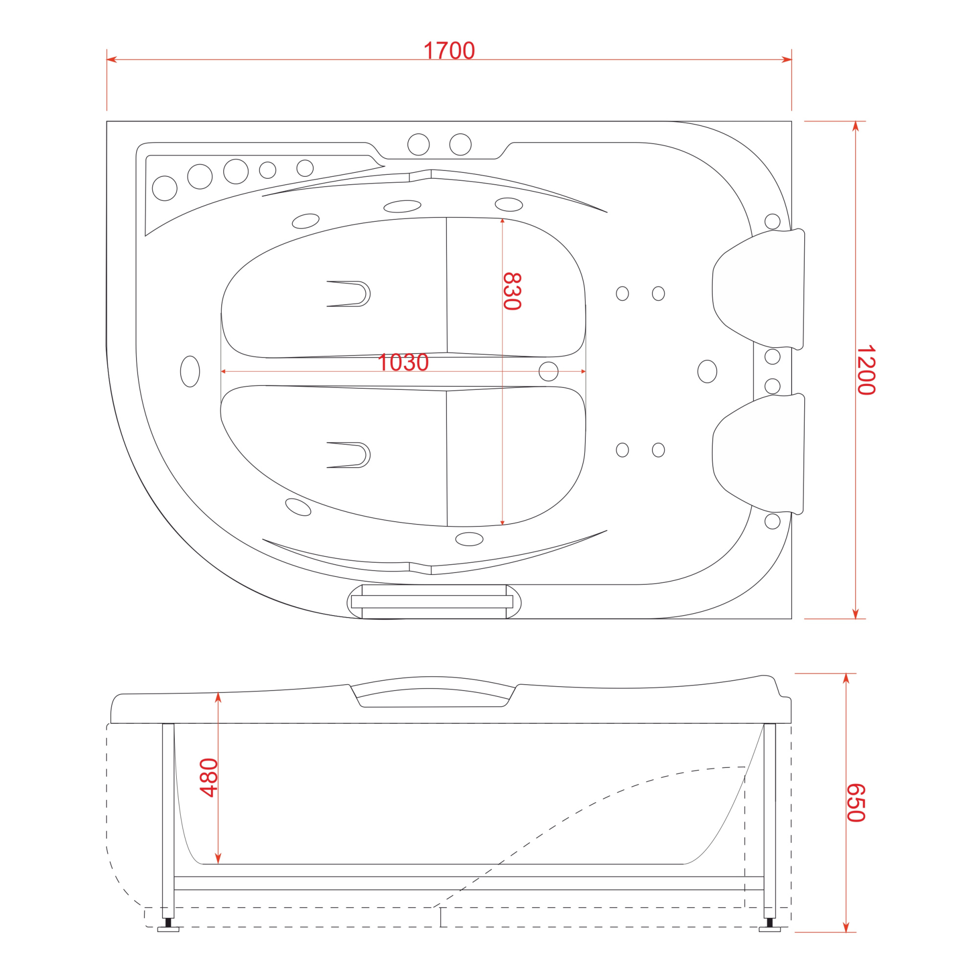 Ванна ГМ 1200*1700*650 с насосом OLB-807 R с переливом