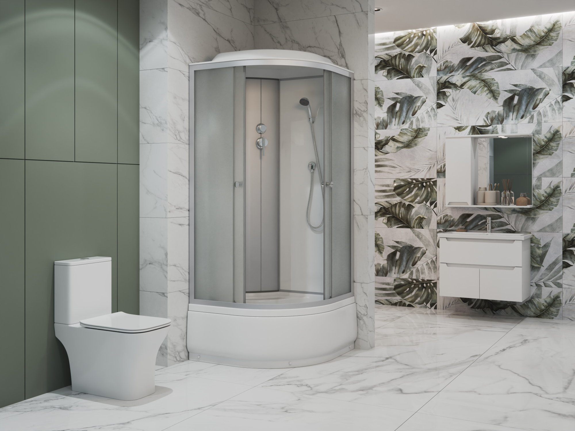 ДК EvaGold полукруг F902WS (90*90, высок.под., рифл. стек., белая стен.,хром матовый проф. 3к)