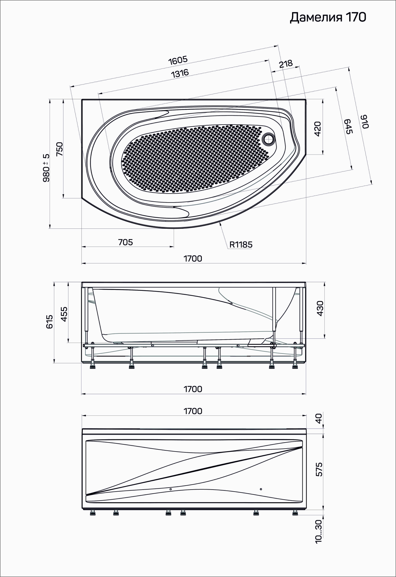 Ванна ассиметр. "Damelia" 170х100*45,5 R