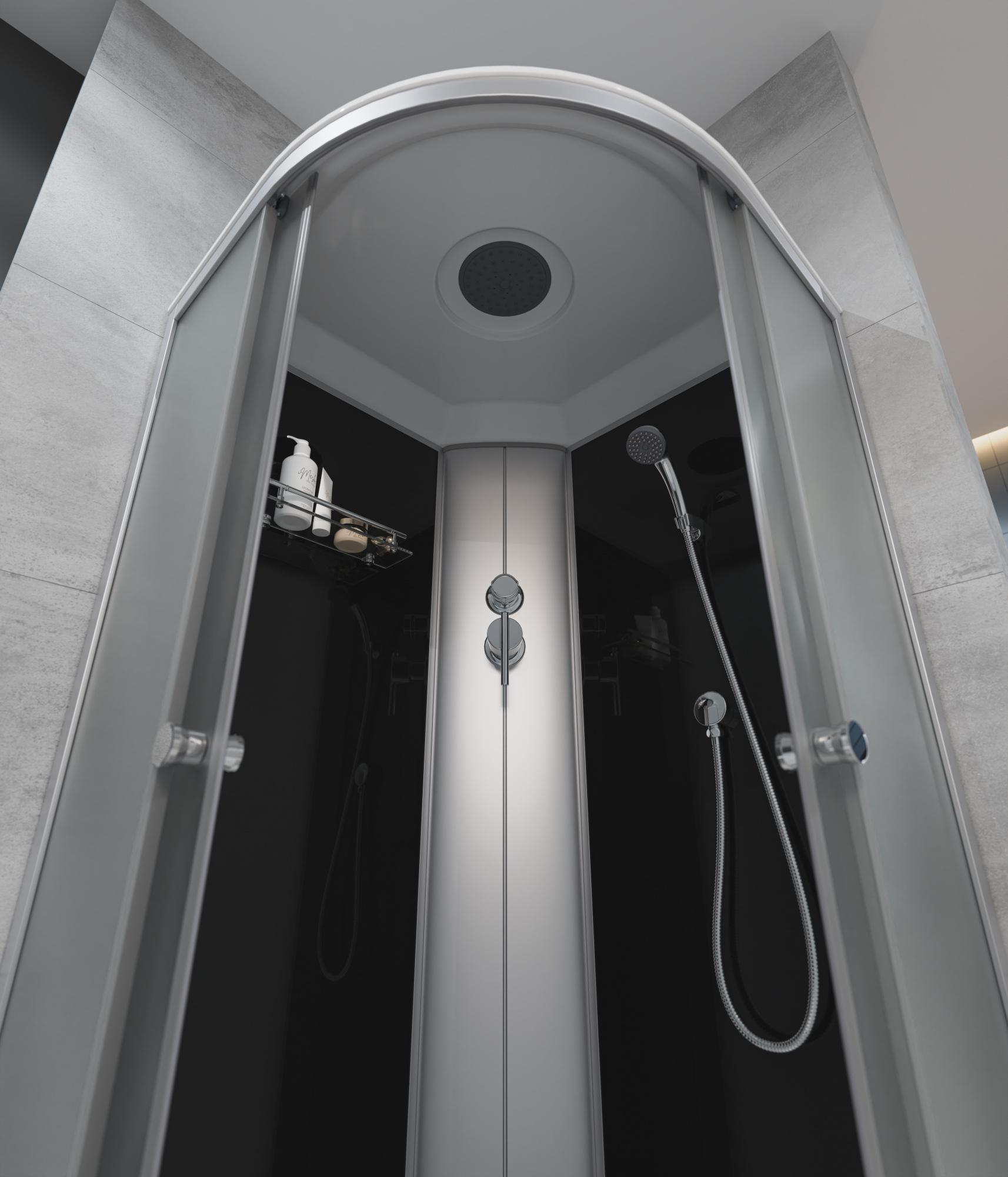 ДК EvaGold полукруг F902BS (90*90, высок.под., рифл. стек., черн. стен., хром матовый проф. 3к)