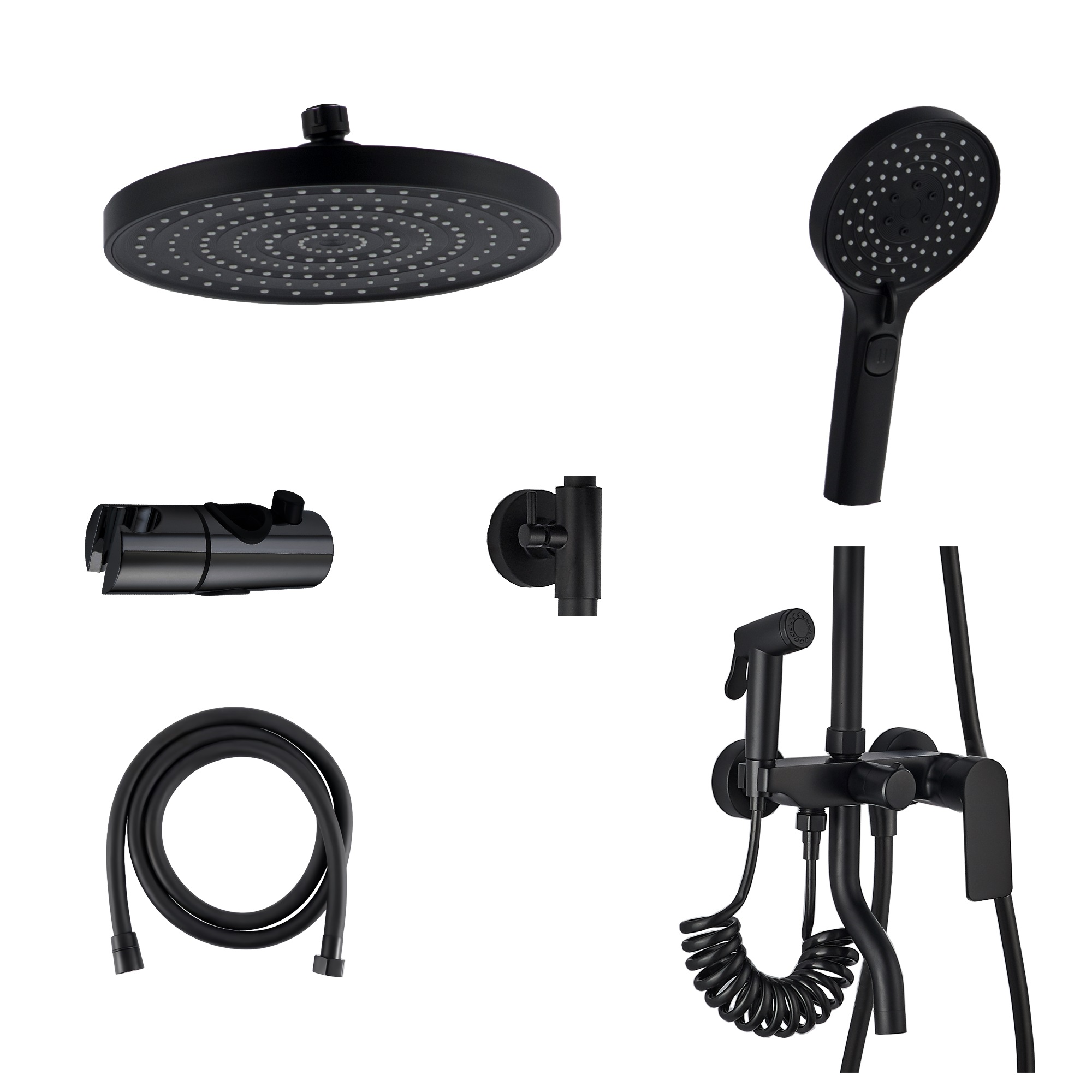 Mau FS08B-PVD Душевая стойка (150 см) со смесителем, полкой и гигиеническим душем, латунь, черный EvaGold