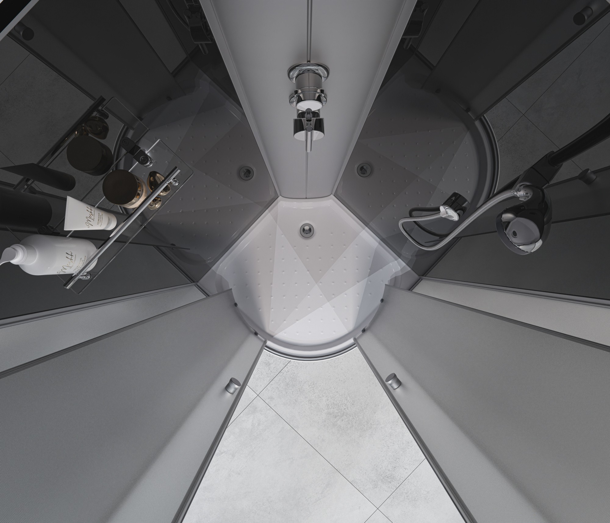 ДК EvaGold полукруг F901BS (90*90, низ.под., рифл. стек., черн. стен., хром матовый проф. 3к.)