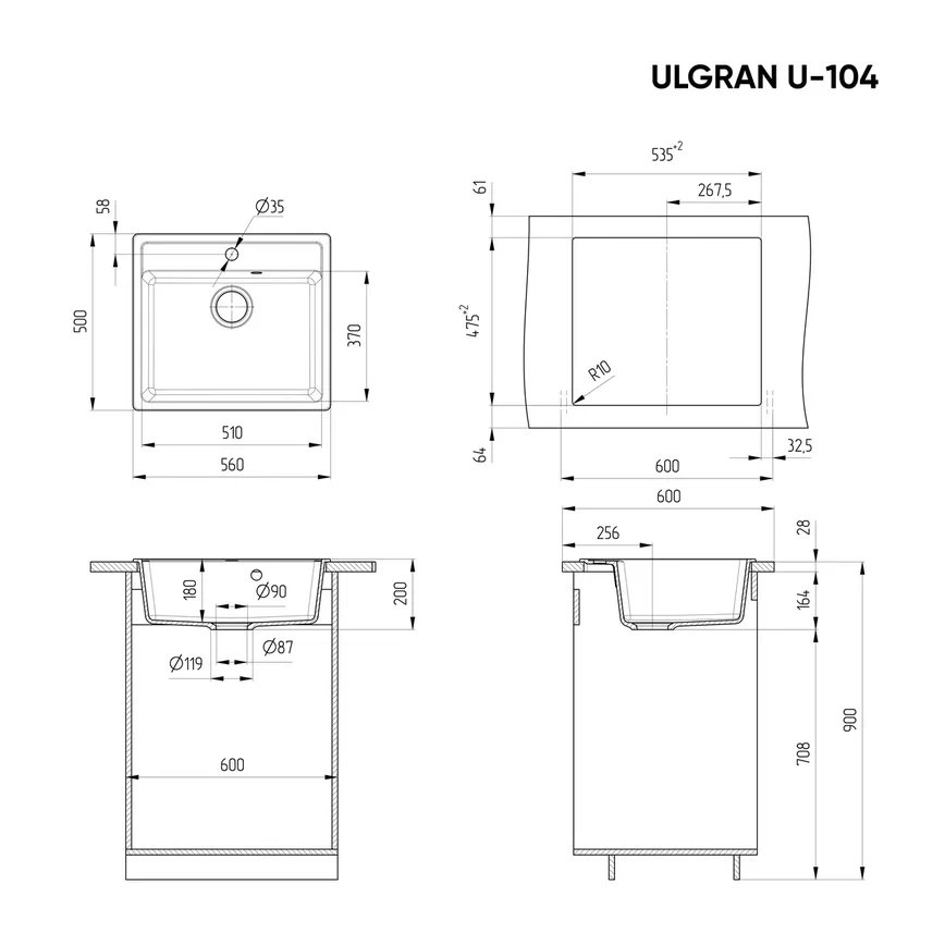 Мойка композит.Ulgran U-104 ПРЯМОУГОЛЬНАЯ 342 графит 560*500*200 с сифоном