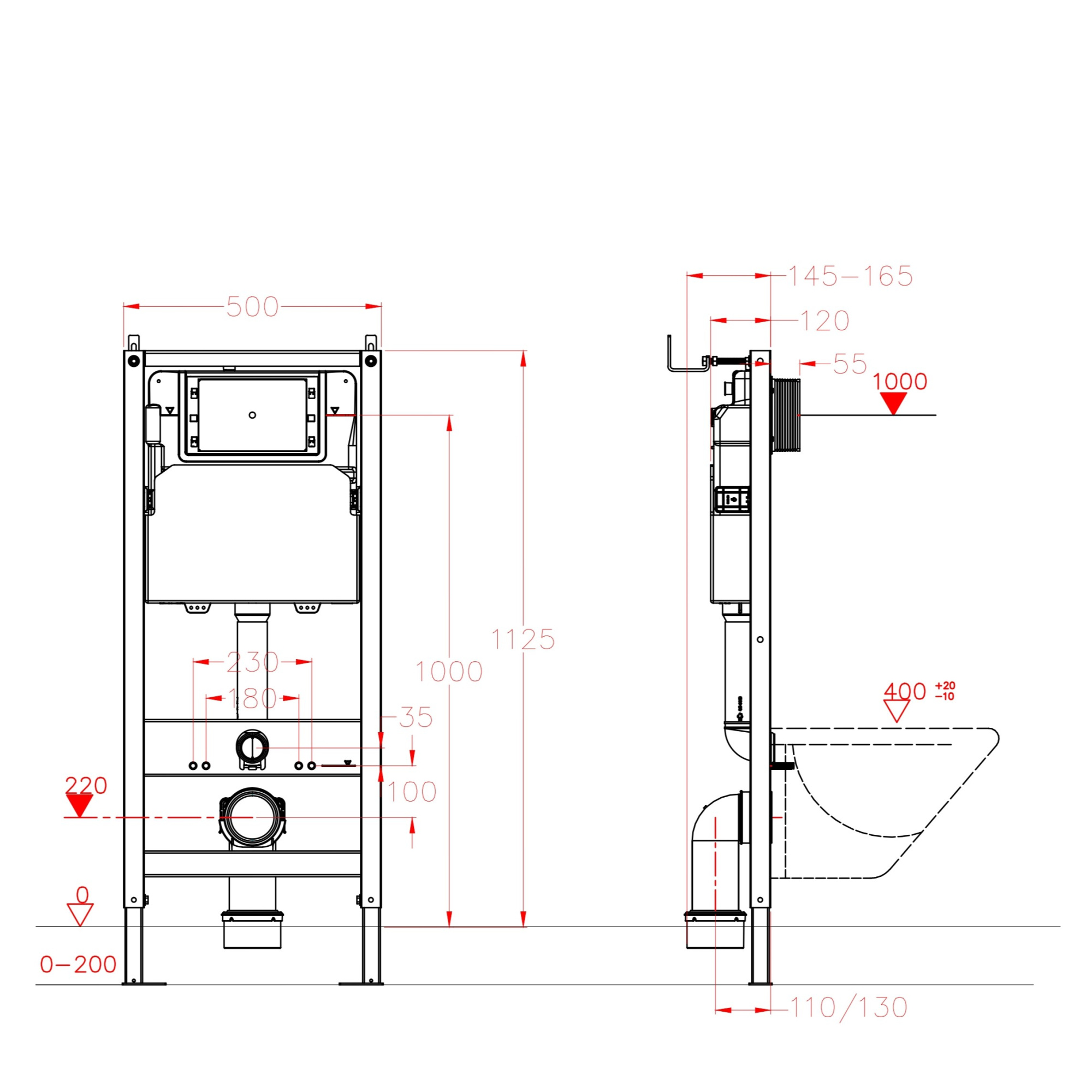Инсталляция с пневматическим управлением EvaGold 500P для подвесного унитаза