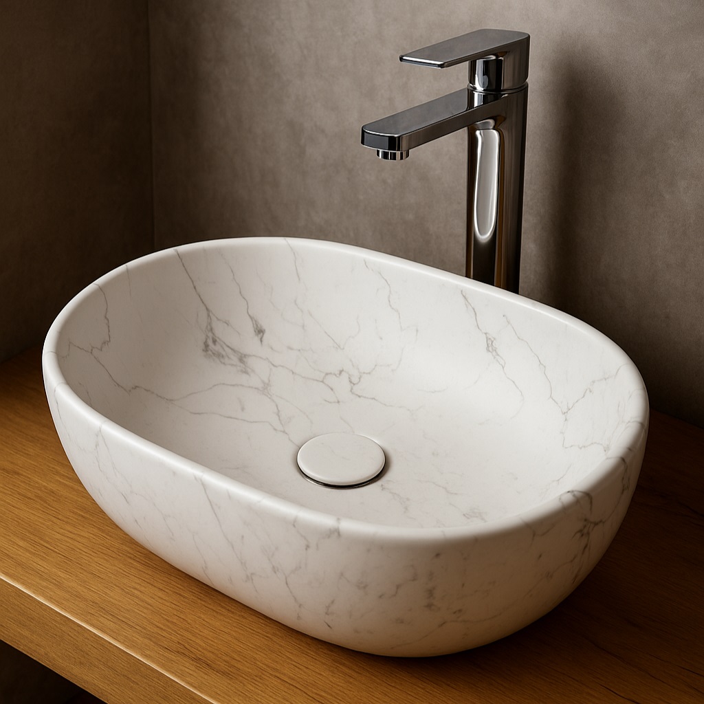 Умывальник накладной A257A-P351M мрамор белый овальный без перелива (485*350*140 мм)