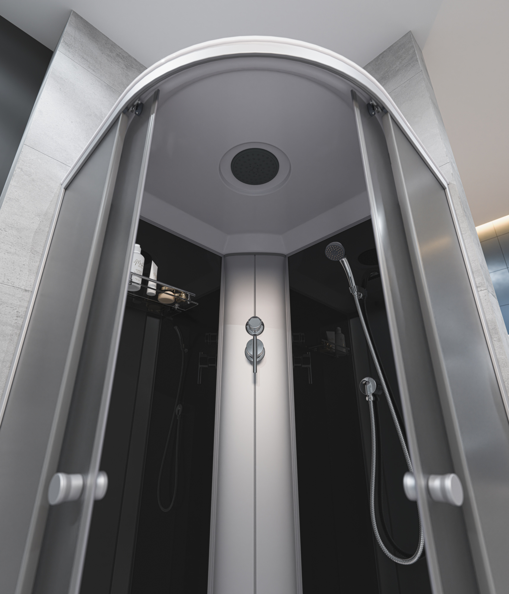 ДК EvaGold полукруг F901BS (90*90, низ.под., рифл. стек., черн. стен., хром матовый проф. 3к.)