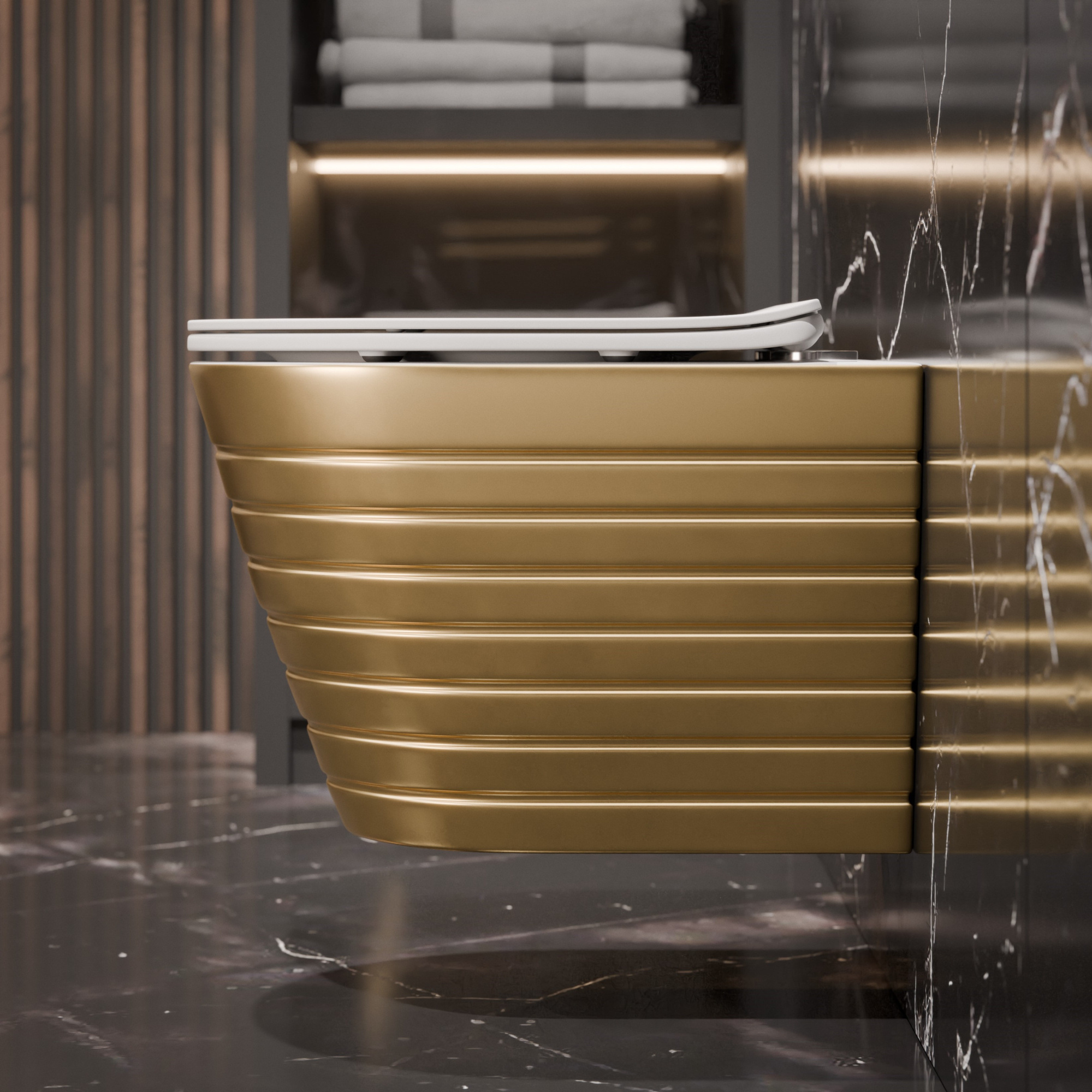 Унитаз подвесной K703G золотой безободковый, сиденье тонкое ДП, крепления