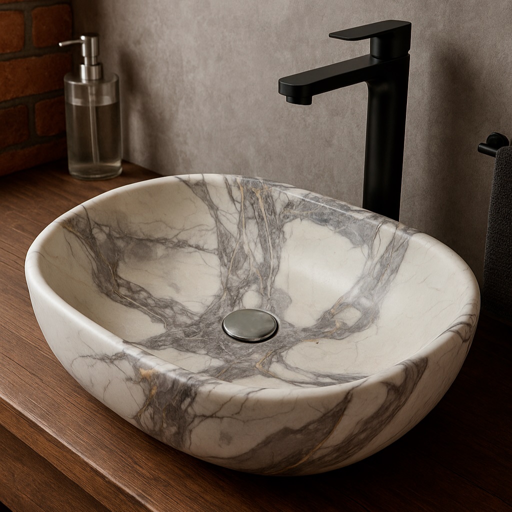 Умывальник накладной A257A-P305M мрамор белый овальный без перелива (485*350*140 мм)