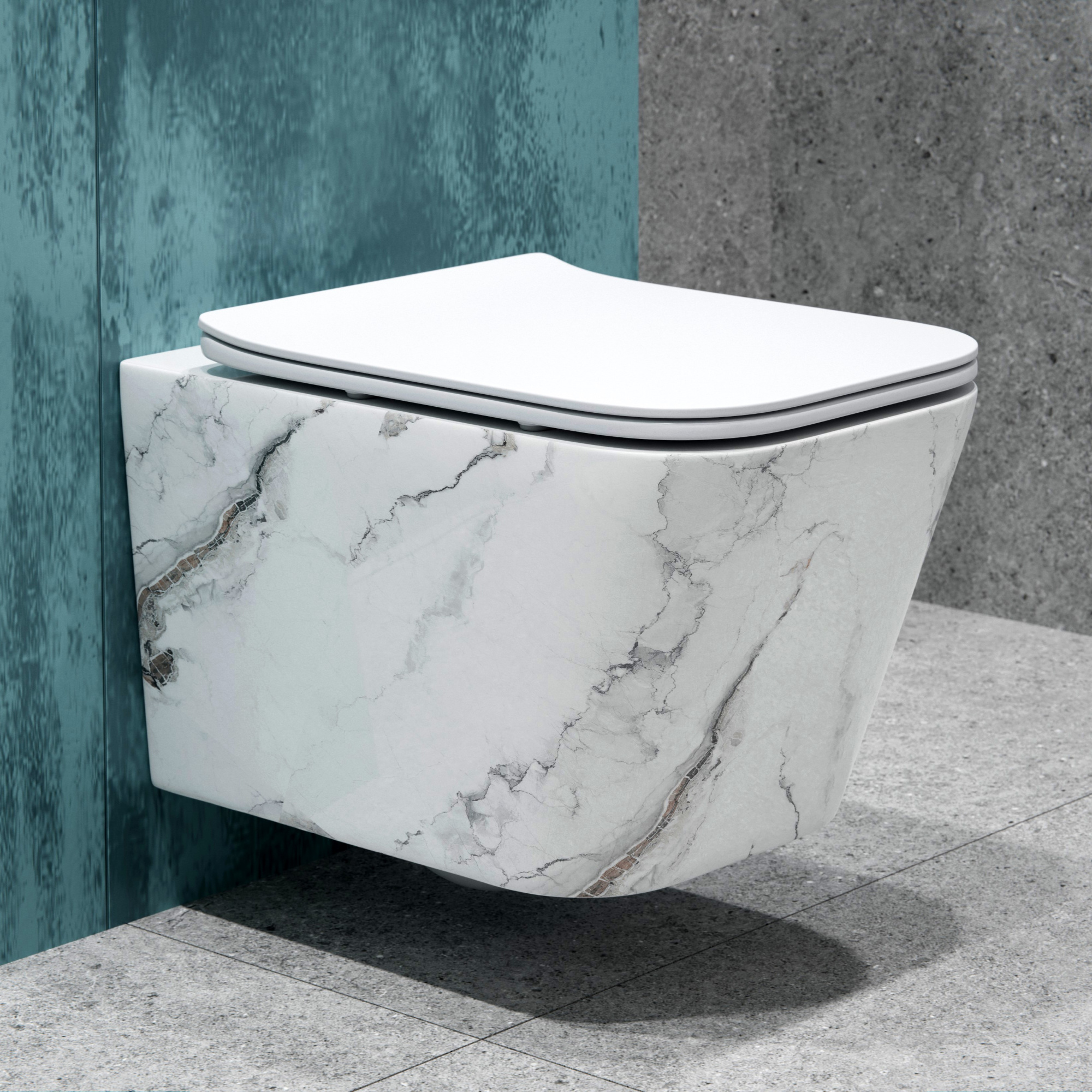 Унитаз подвесной K633MD белый мрамор безободковый, сиденье тонкое ДП, крепления