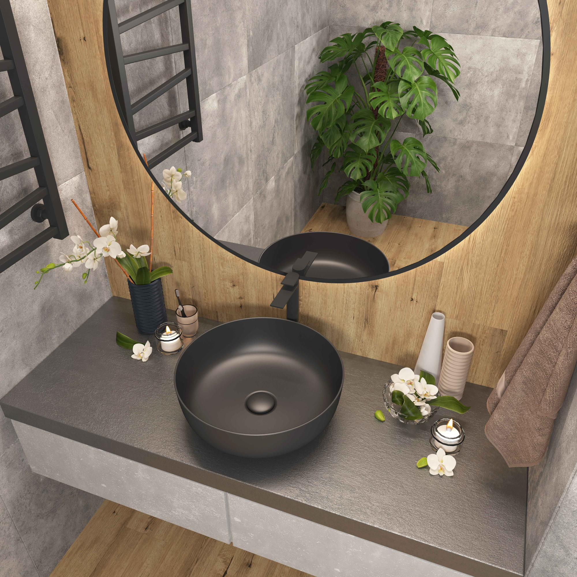 Умывальник накладной A428CBKM черный матовый круглый без перелива (415*415*135 мм)