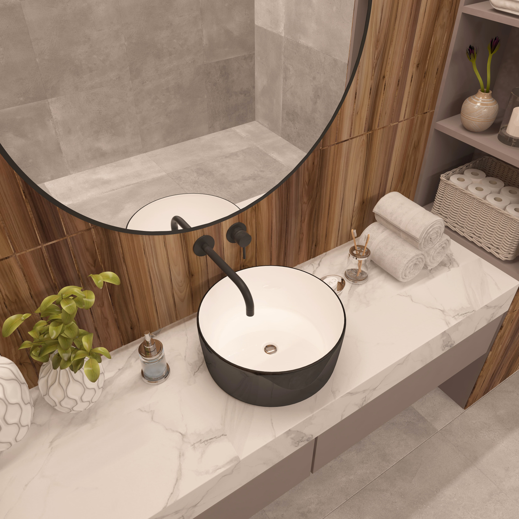 Умывальник накладной A091WBG черный/белый глянец круглый без перелива (410*410*165 мм)