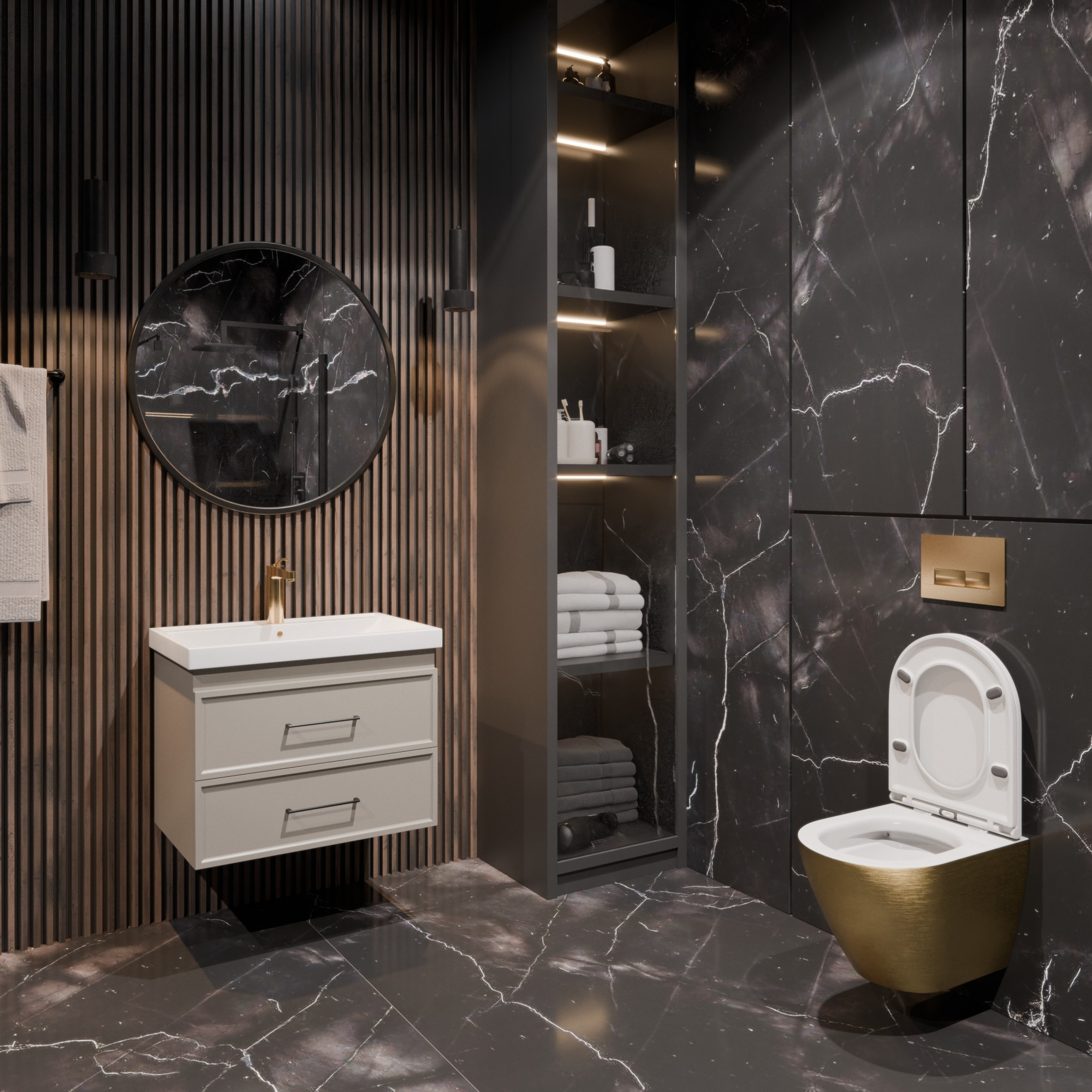 Унитаз подвесной K704G золотой безободковый, сиденье тонкое ДП, крепления