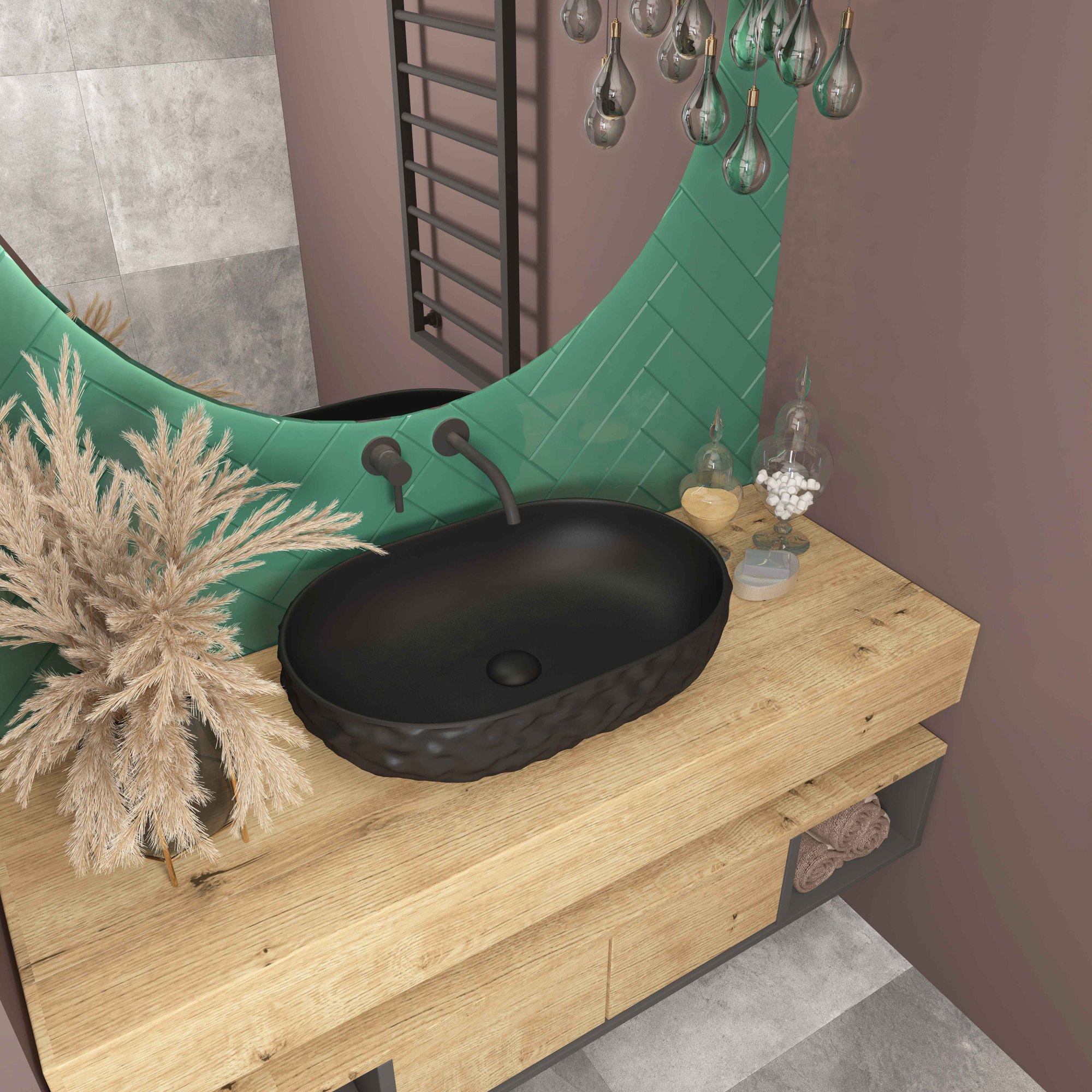 Умывальник накладной A257TCBKM черный матовый овальный без перелива (600*400*140 мм)