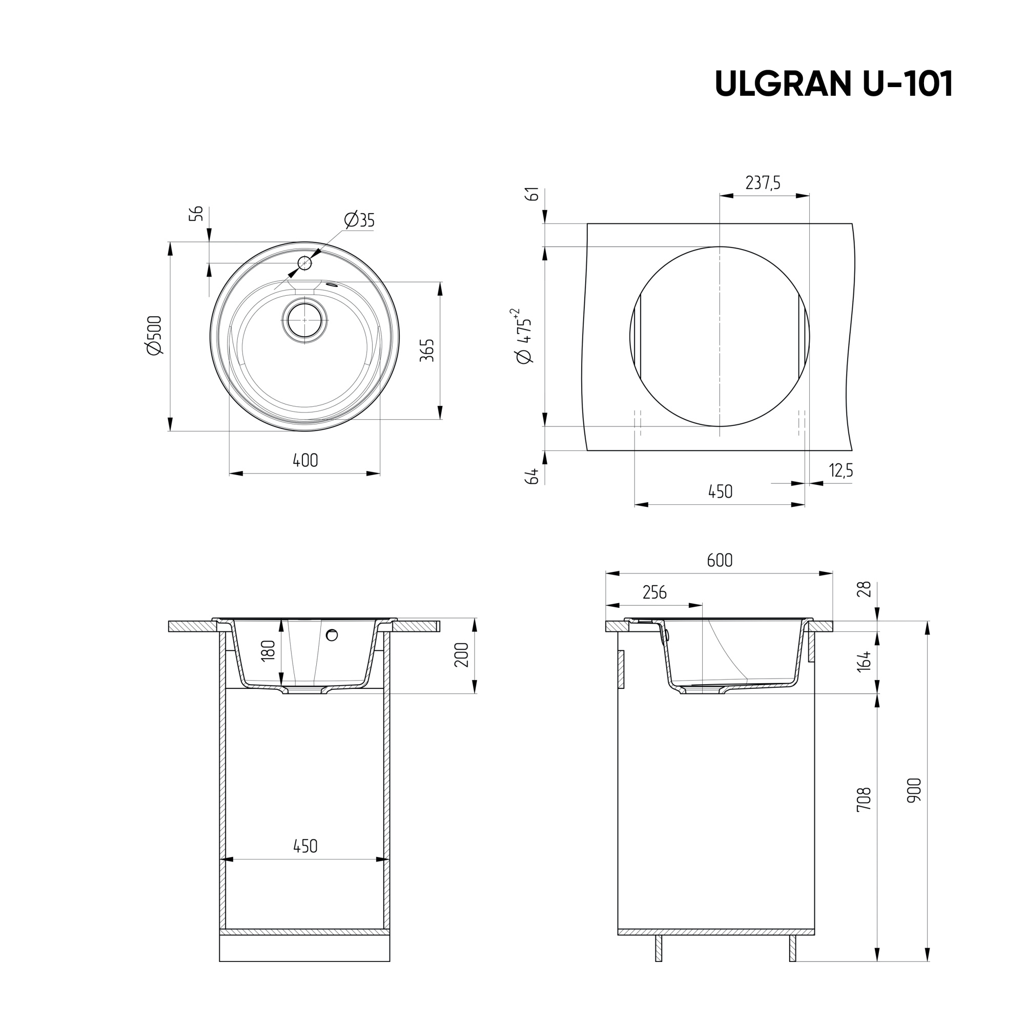 Мойка композит.Ulgran U-101 КРУГЛАЯ 302 песочный 500*500*200 с сифоном