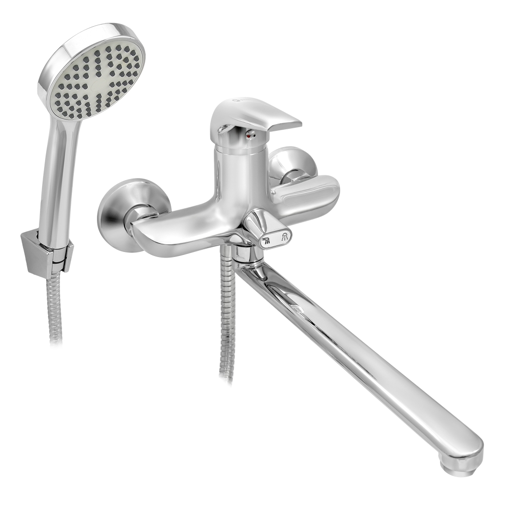 0402.131, Смеситель для ванны с длинным изливом, шланг 150 см, лейка, Jugun