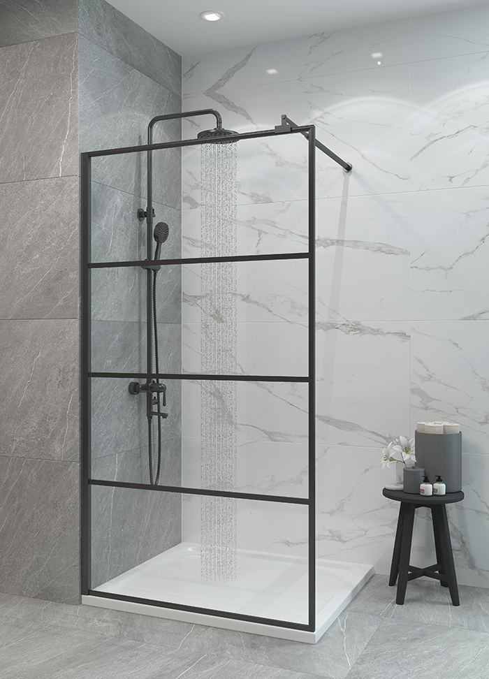 PF01 Душевое ограждение напольное неподвижное 100х195, прозрачн.стекло/чёрные полосы/чёрн.профиль