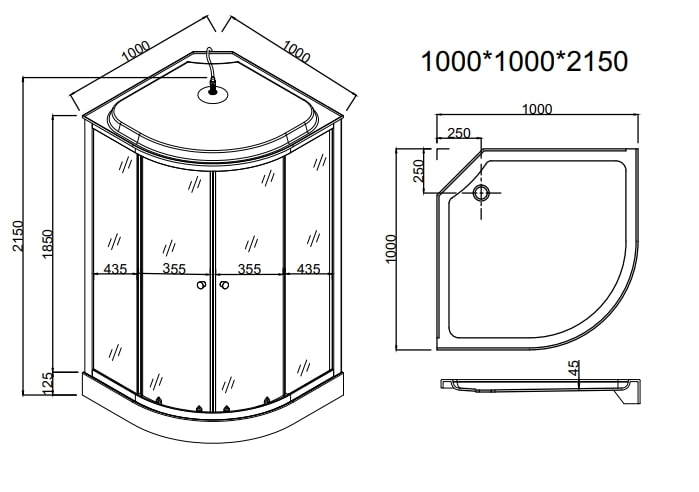 ДК EvaGold полукруг F101WS (100*100, низ.под., рифл. стек., белая стен., хром матовый проф. 3к.)