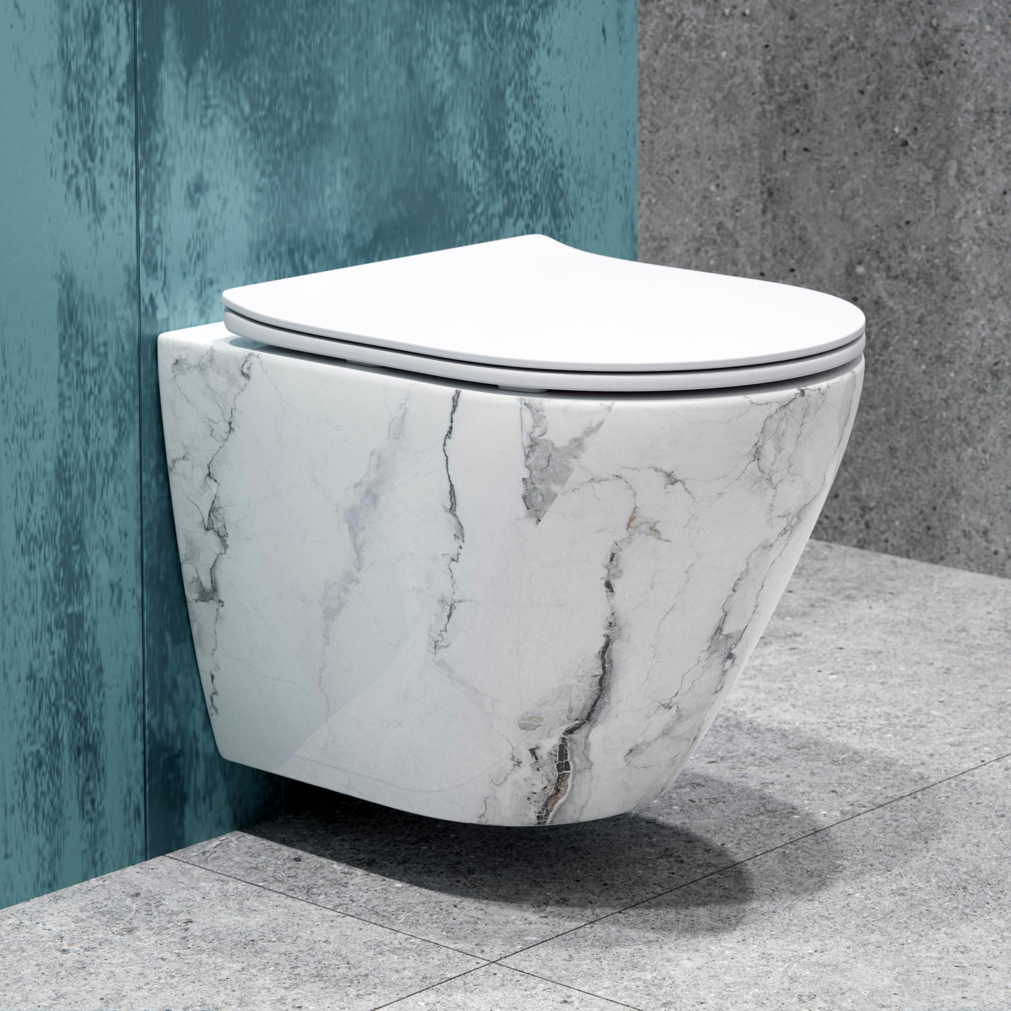 Унитаз подвесной K505MD белый мрамор безободковый, сиденье тонкое ДП, крепления